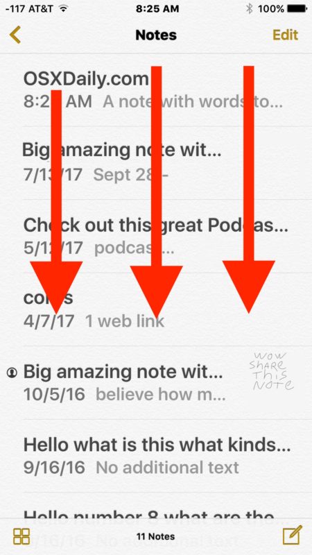 Arrastre hacia abajo para mostrar el cuadro de búsqueda de notas para iOS