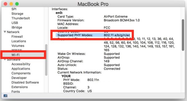 Verifique los modos de ancho de banda wifi PHY compatibles en una NIC de Mac