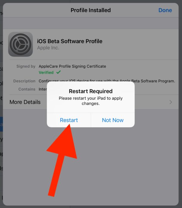 Reinicie para instalar el perfil beta de iPad
