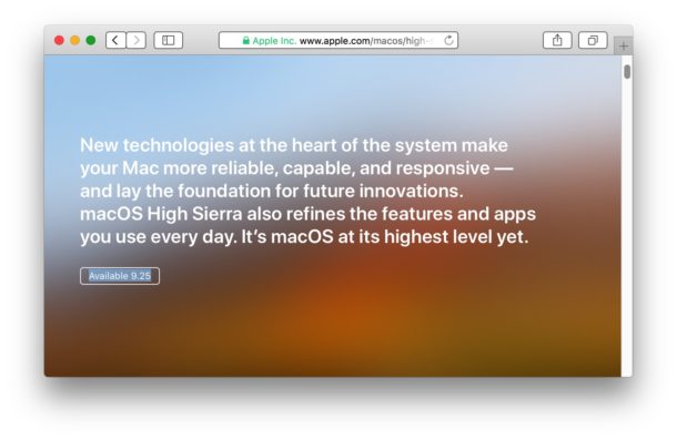 La fecha de lanzamiento de MacOS High Sierra, como se ve en el sitio web de Apple
