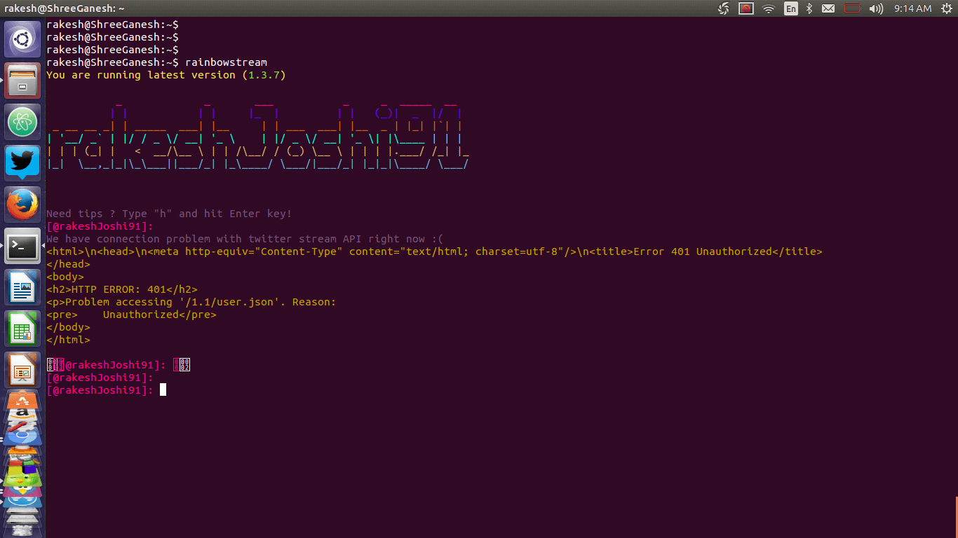 pantalla de inicio de rainbowstream