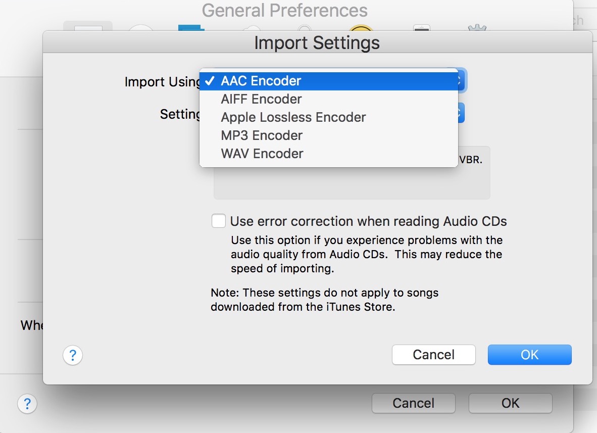 Cambie la configuración de importación de audio en iTunes para el codificador de audio y la calidad de audio