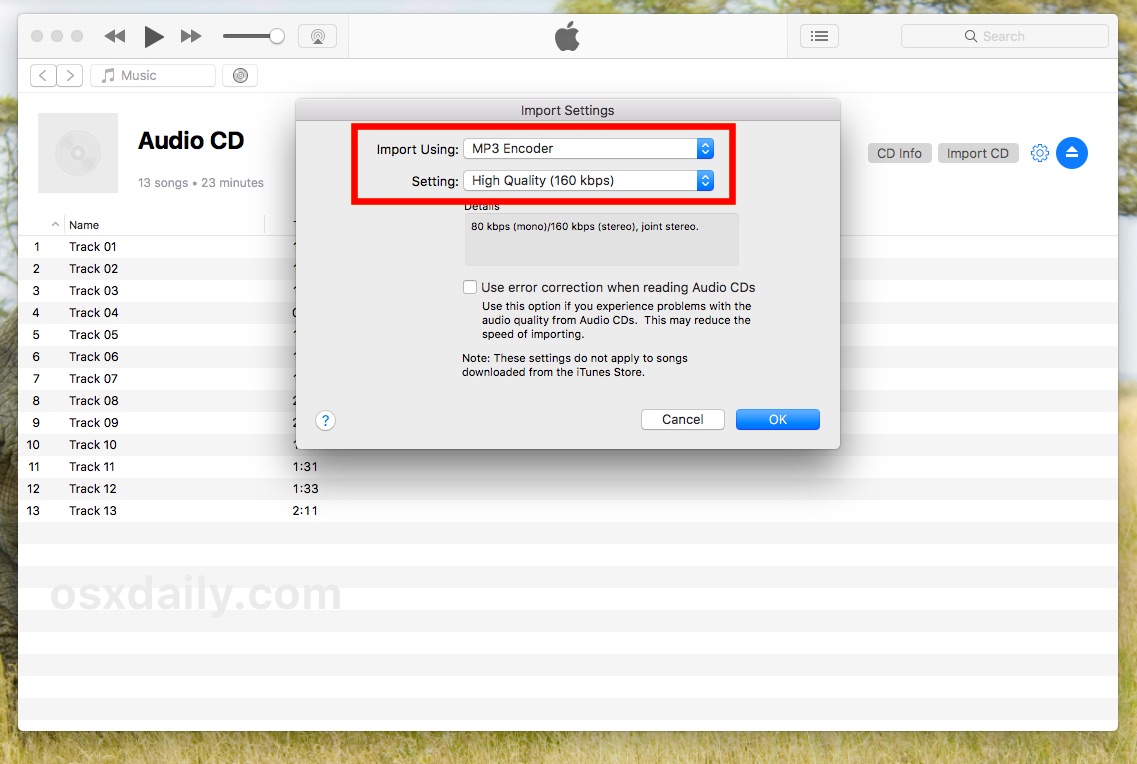 cambiar la configuración de importación de audio y el codificador y la calidad de audio en iTunes