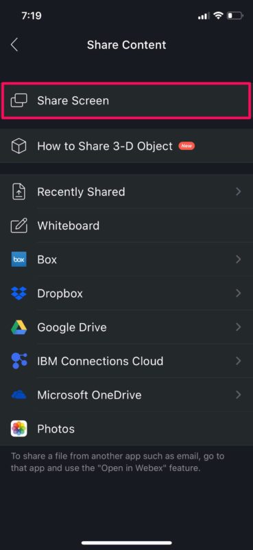 Cómo compartir la pantalla en las reuniones de Webex en iPhone y iPad