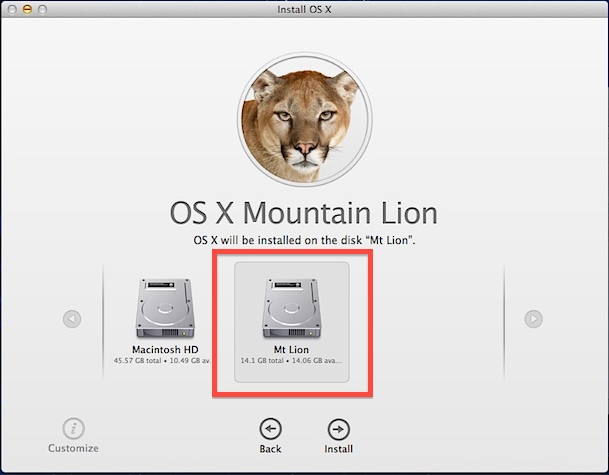 Instale OS X Mountain Lion en la nueva partición