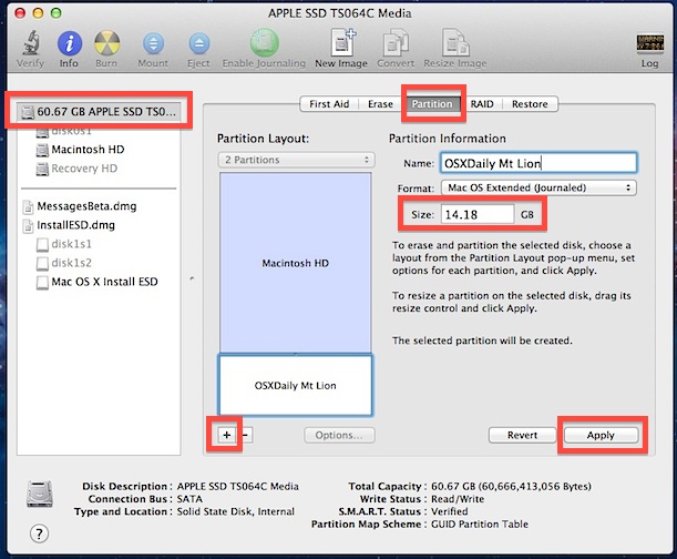 Crea una partición para OS X Mountain Lion