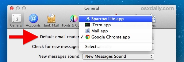 Otras opciones de cliente de correo electrónico predeterminadas en Mac OS X.