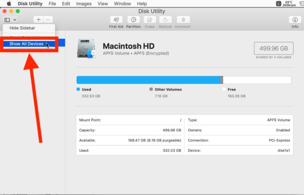Cómo mostrar todos los dispositivos de disco en la Utilidad de Discos de Mac
