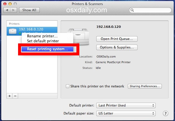 Reinicie el sistema de impresión en Mac OS X.