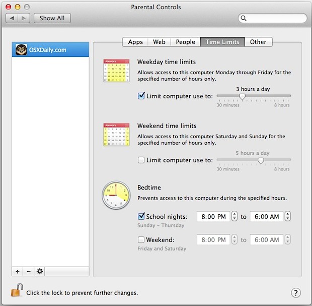 Establezca límites de tiempo para usar su computadora en Mac OS X.