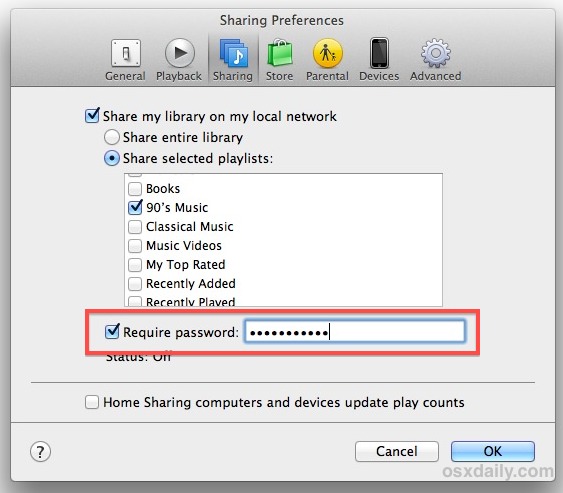 Agrega protección con contraseña para compartir iTunes