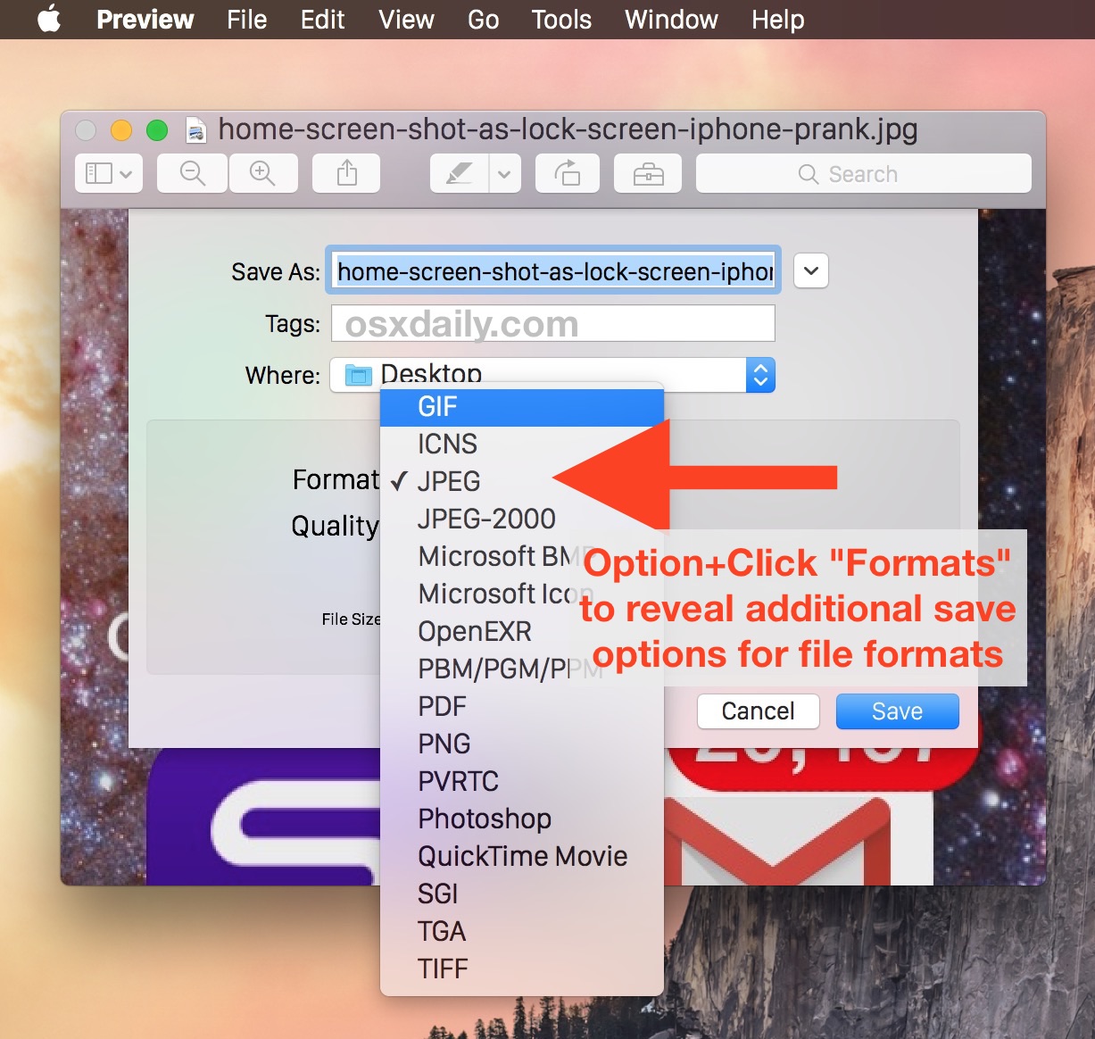 Acceda a las opciones de exportación de formato de imagen alternativo en Vista previa de Mac OS X