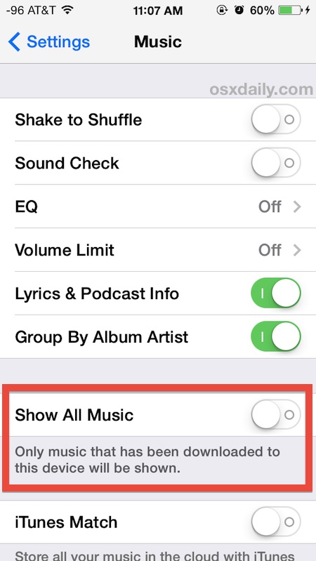 prohibido "Mostrar toda la música" para ocultar canciones de iCloud de iTunes