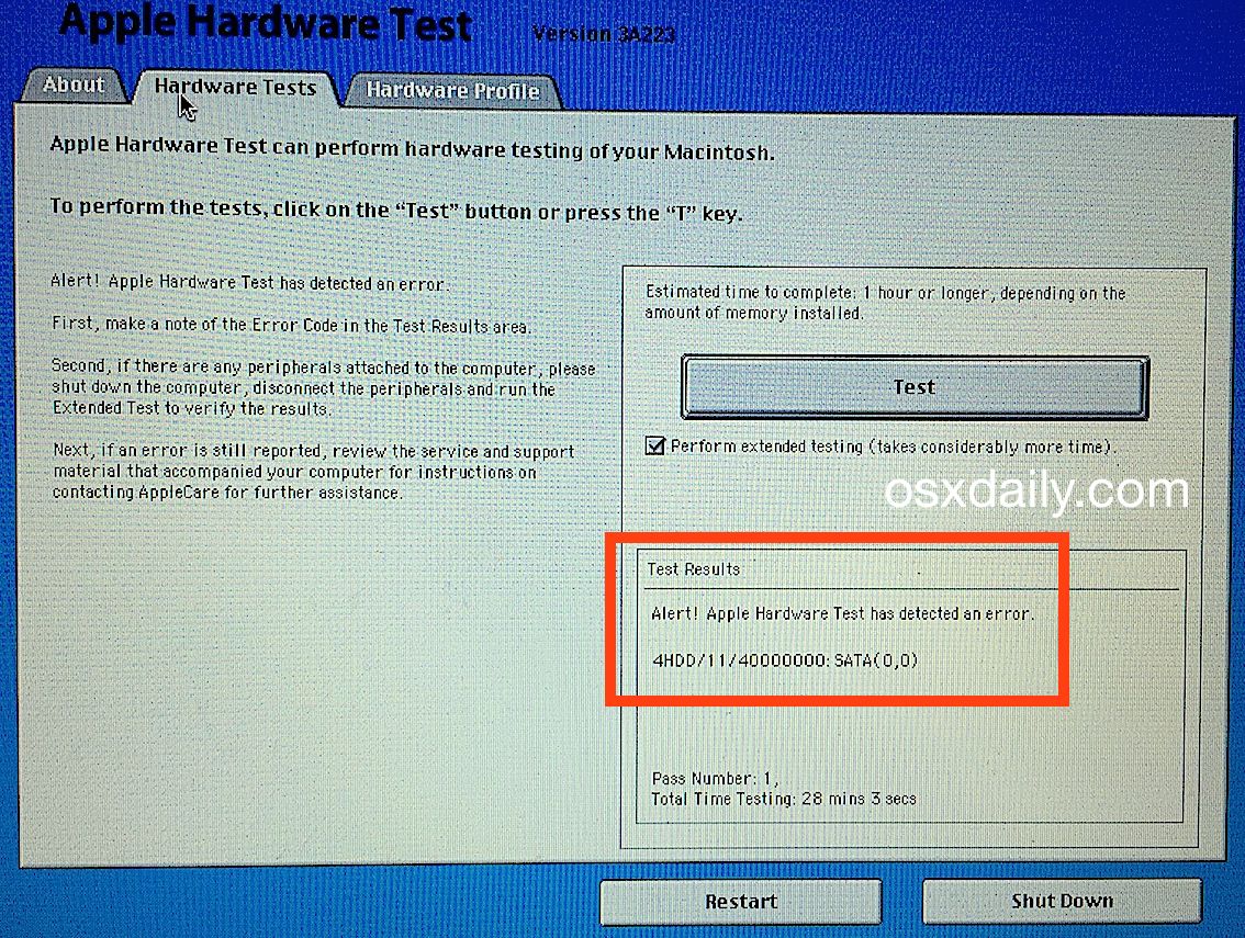 Error en los resultados de la prueba de hardware de Apple 4HDD
