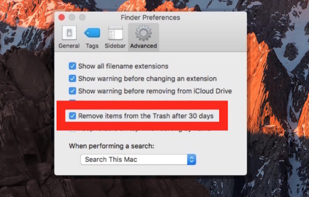 Elimina automáticamente elementos de la Papelera después de 30 días en Mac OS