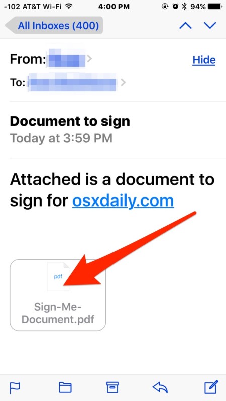 Abra el documento para conectarse a la aplicación de correo de iOS