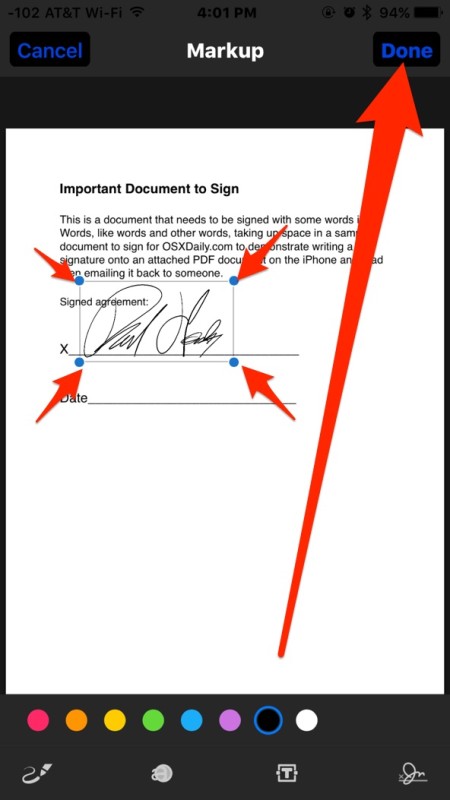 Ajuste la firma según sea necesario y toque Listo 