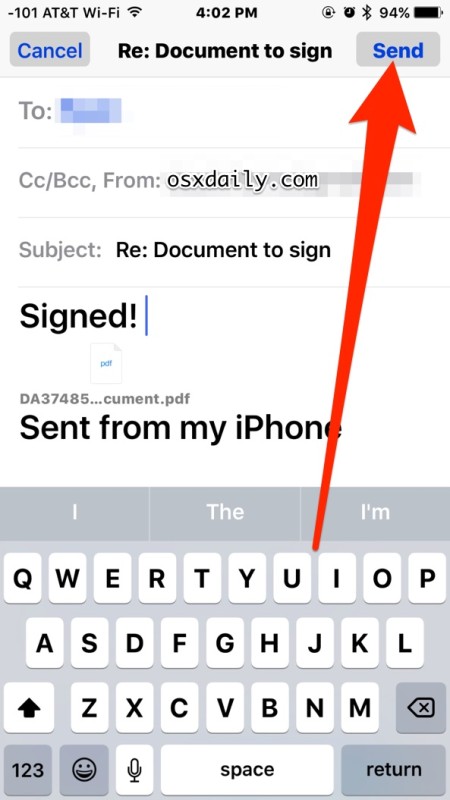 El documento firmado se volvió a insertar en el correo electrónico, se envió en la aplicación de correo de iOS