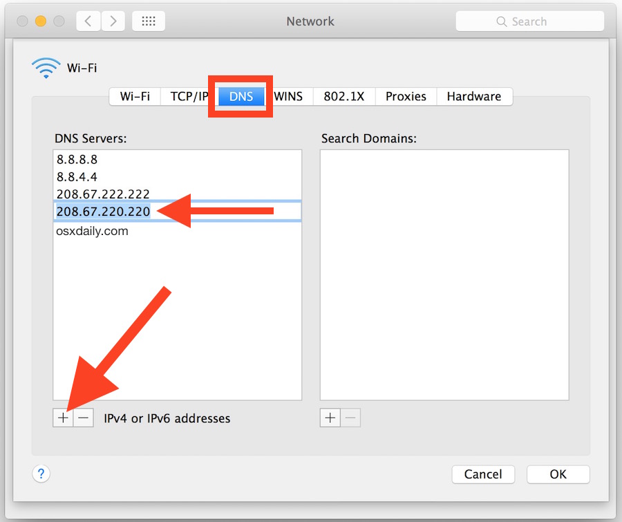Agregue y modifique servidores DNS en Mac OS X.