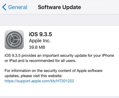 Actualización de iOS 9.3.5 