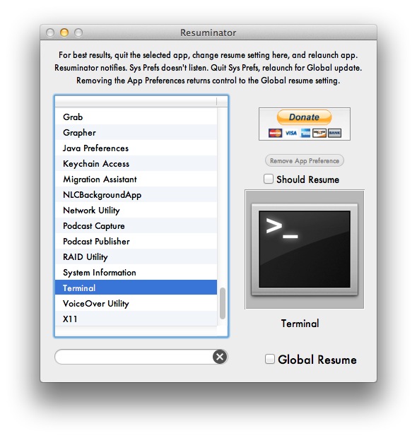 Resuminator gestiona la función de reanudación de la aplicación OS X Lion