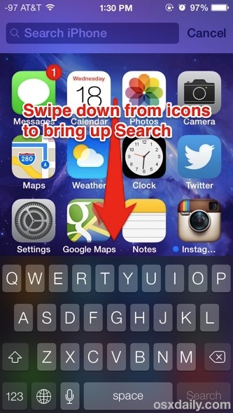 Busque en iOS 7 deslizando el dedo hacia abajo para acceder a Spotlight