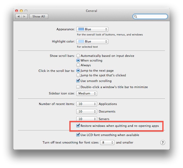 inhabilitar-regresar ventana-león Deshabilite la función de reinicio de Mac OS X Lion