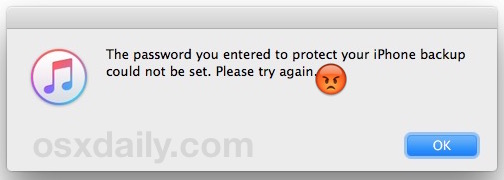 No se puede configurar la contraseña ingresada para proteger la copia de seguridad del iPhone, intente con un mensaje de error nuevamente en iTunes