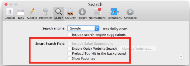 Desactiva las opciones de búsqueda inteligente de Safari