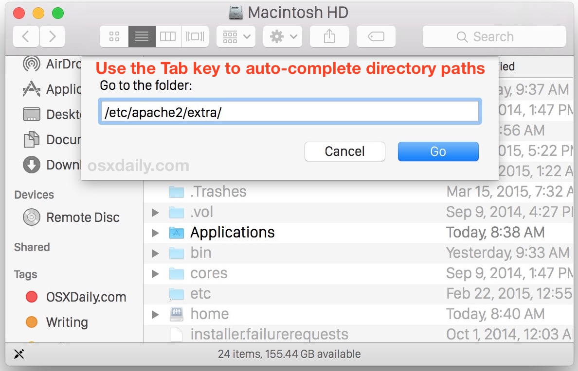 Pestaña completa Ir a la carpeta en Mac OS X. 