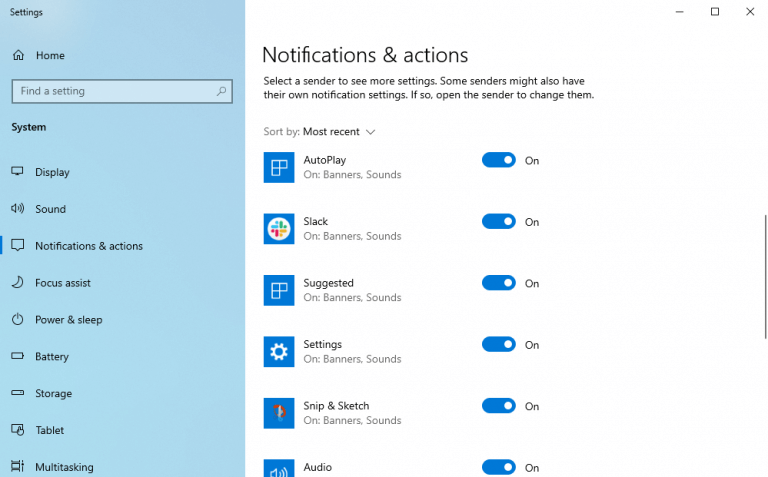 menú de notificaciones y acciones