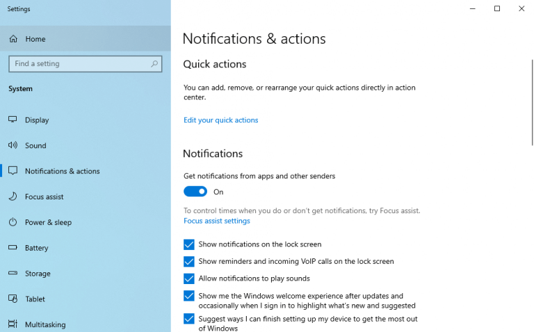 configuración de notificaciones y acciones