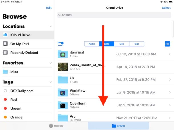 Arrastre hacia abajo para mostrar las opciones de clasificación de archivos en Archivos para iOS