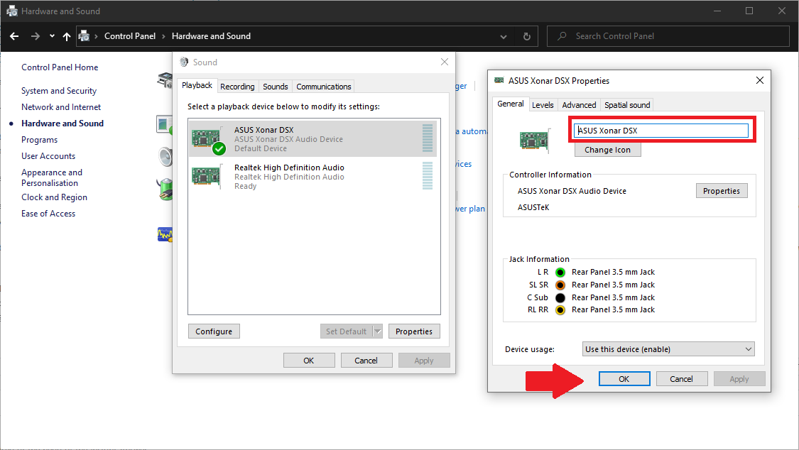 Captura de pantalla de la gestión de dispositivos de reproducción de audio en Windows 10