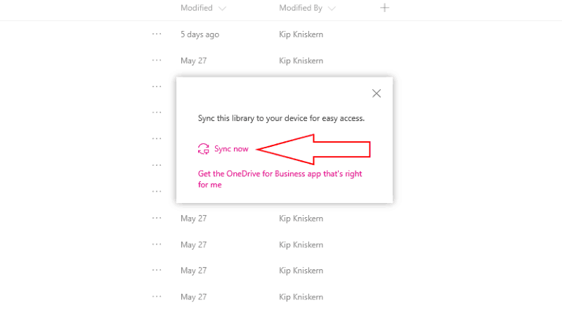 Captura de pantalla que muestra el mensaje Sincronizar ahora en SharePoint