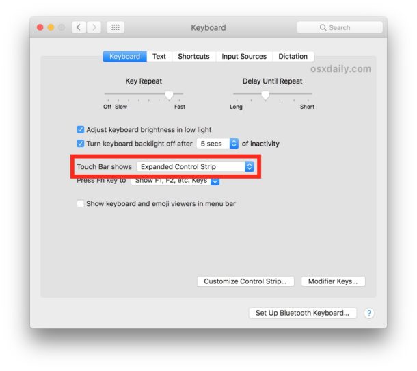 Desactivar la barra táctil en la configuración del teclado de MacBook Pro