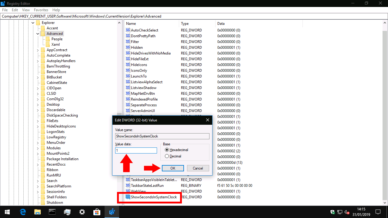 Habilitar segundos en el reloj de la barra de tareas de Windows 10