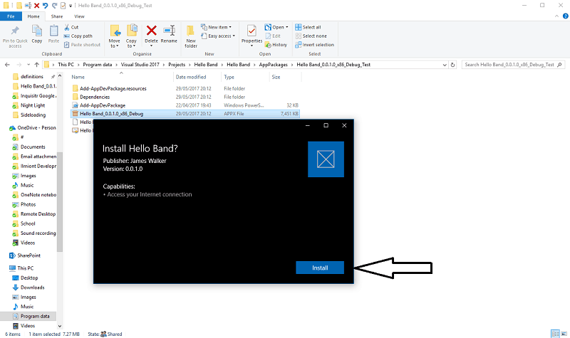 Captura de pantalla del instalador de aplicaciones de Windows 10 que solicita descargar un archivo APPX