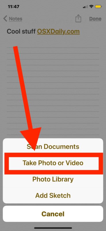 Cómo tomar fotos o videos directamente en la aplicación Notes para iOS