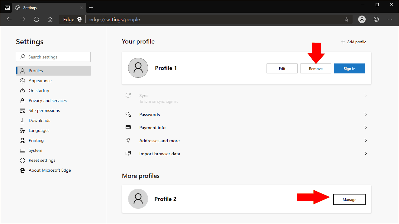 Captura de pantalla de perfiles en Microsoft Edge Insider