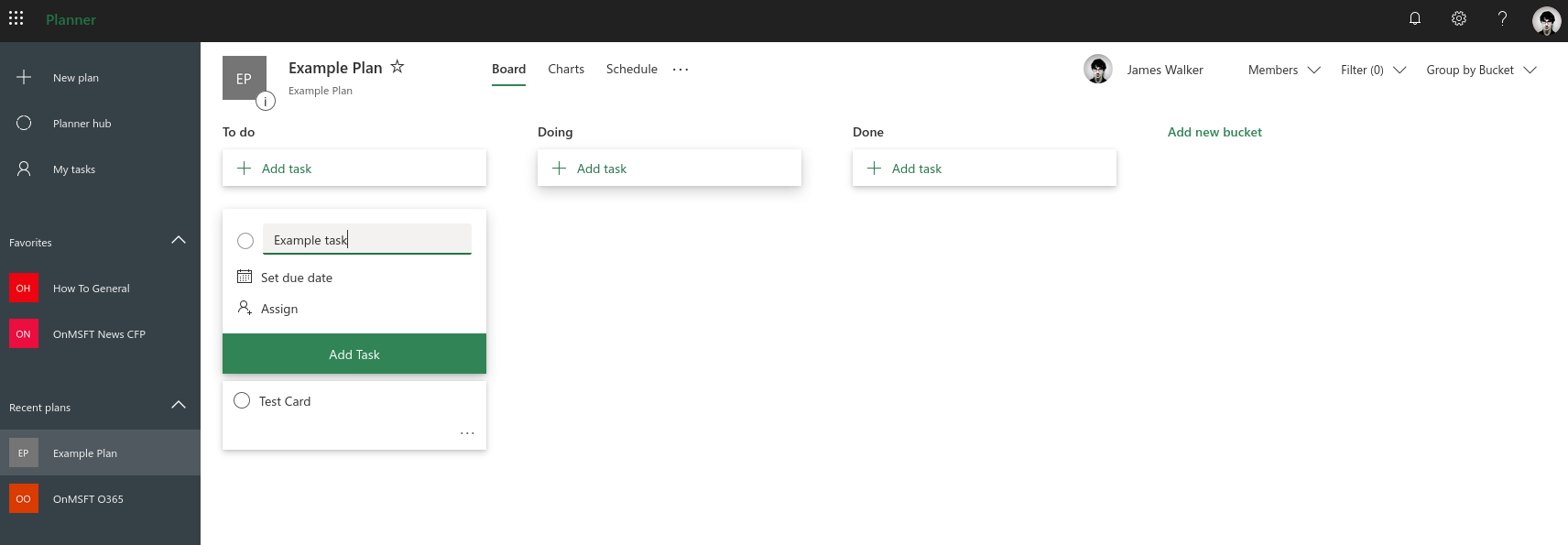 Captura de pantalla de la gestión de tareas en Microsoft Planner