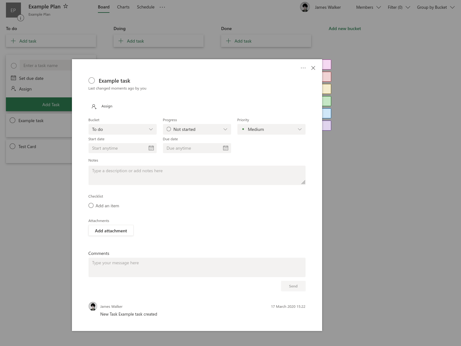 Captura de pantalla de la gestión de tareas en Microsoft Planner
