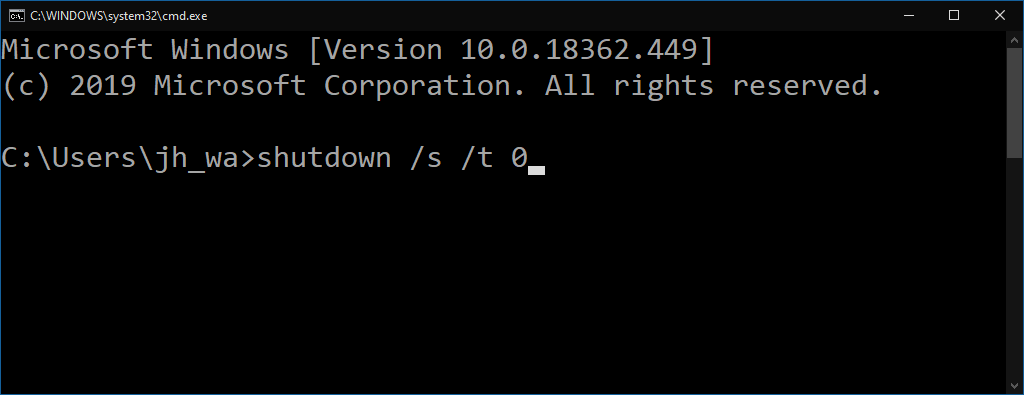 Comando de apagado en Windows 10