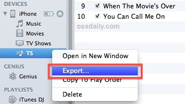 Exportar una lista de reproducción desde un iPod o iPhone para copiarla a iTunes