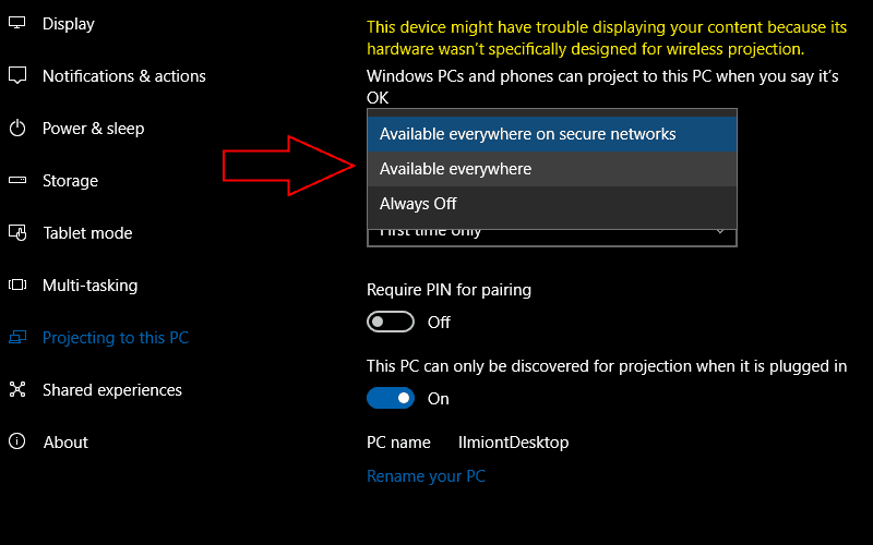 Captura de pantalla de primer plano del proyecto de Windows 10 en la configuración de disponibilidad de PC