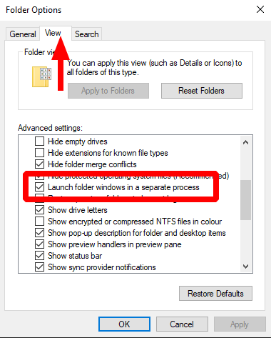 Captura de pantalla de la habilitación de procesos separados del Explorador de archivos en Windows 10