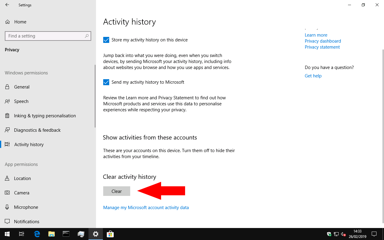 Borrar la línea de tiempo de Windows 10
