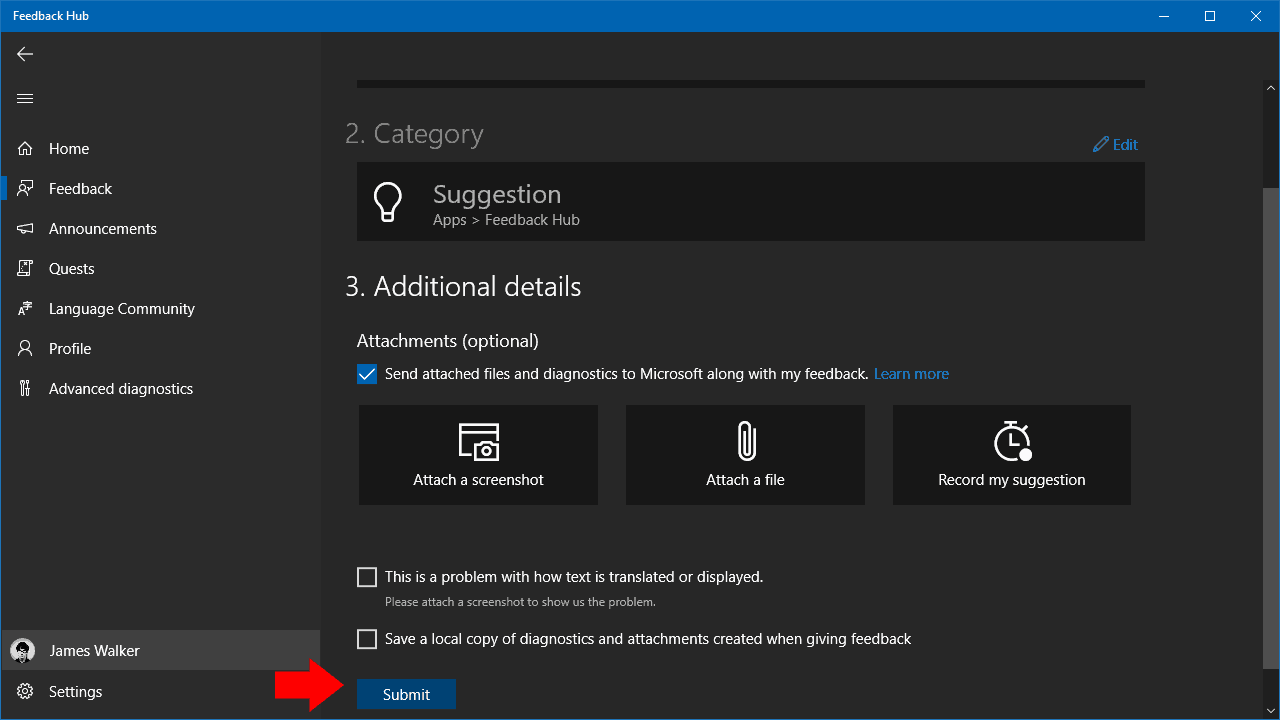 Captura de pantalla de Feedback Hub en Windows 10