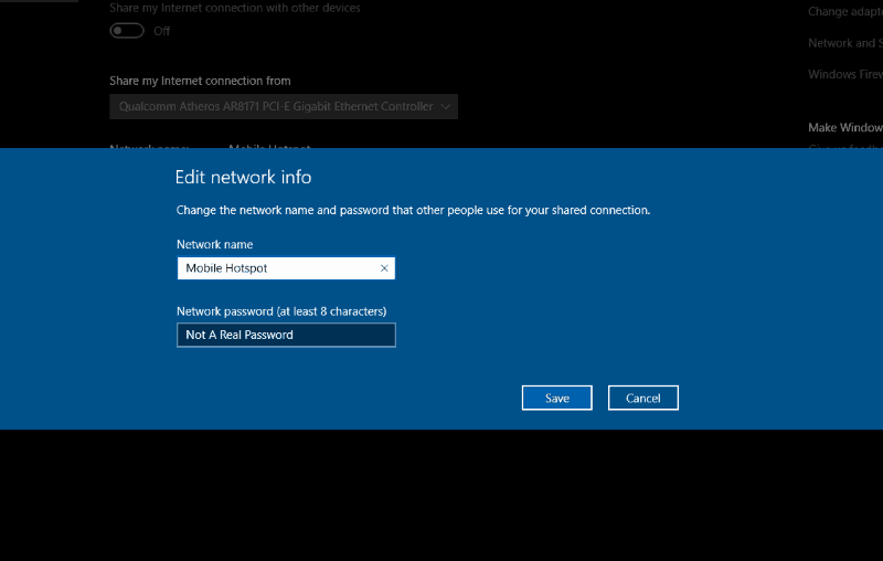 Captura de pantalla del editor de contraseñas de punto de acceso móvil de Windows 10