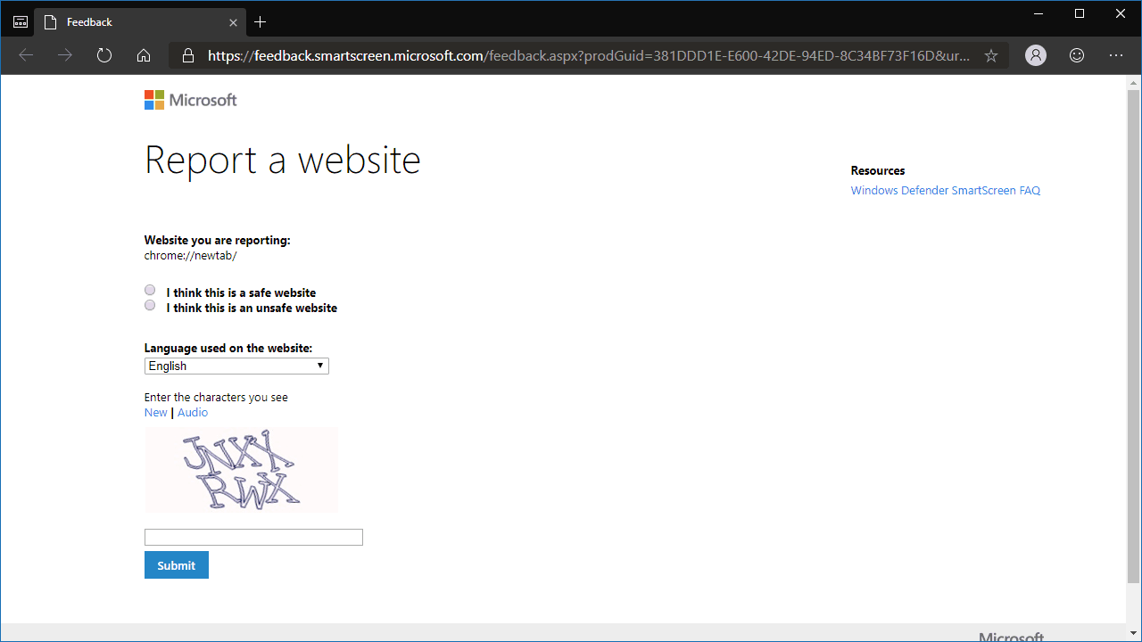 Captura de pantalla para informar de un sitio inseguro en Edge Insider